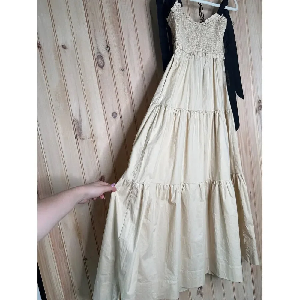 NWT Lulus Bembe Beige Tie-Strap Tiered Maxi Dress Coquette Holiday Resort Sz S - Picture 4 of 8